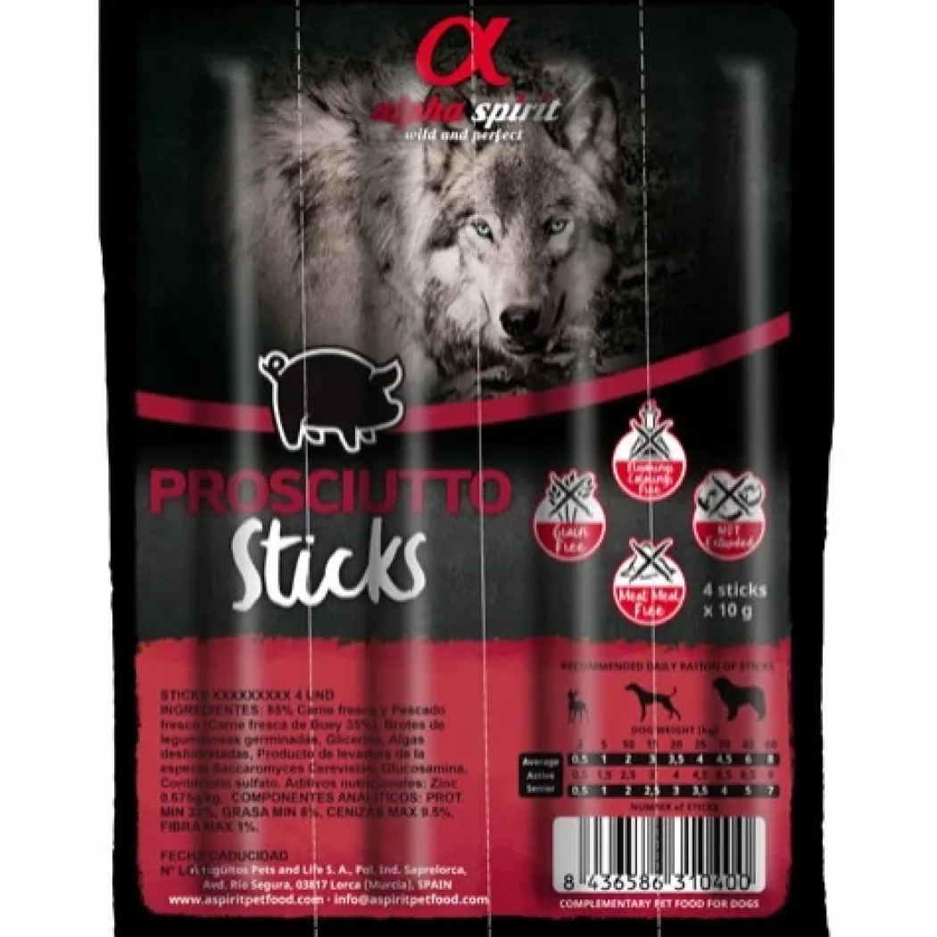 Alpha Spirit Prosciutto Ristra Sticks 4 stk - kornfri hundesnacks med svinekød