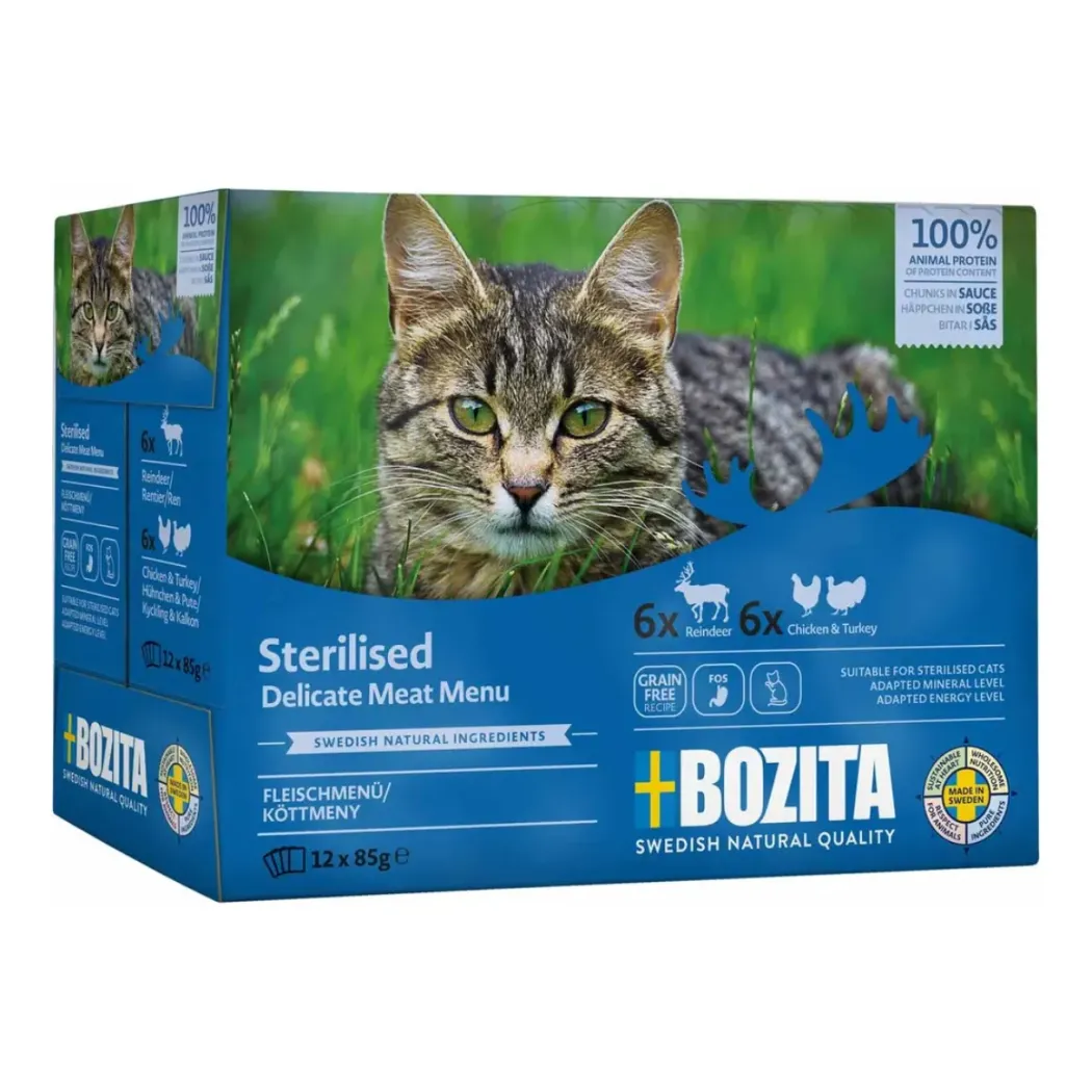 Bozita Sterilised Kød i sovs 12 x 85 g - rensdyr, kylling og kalkun