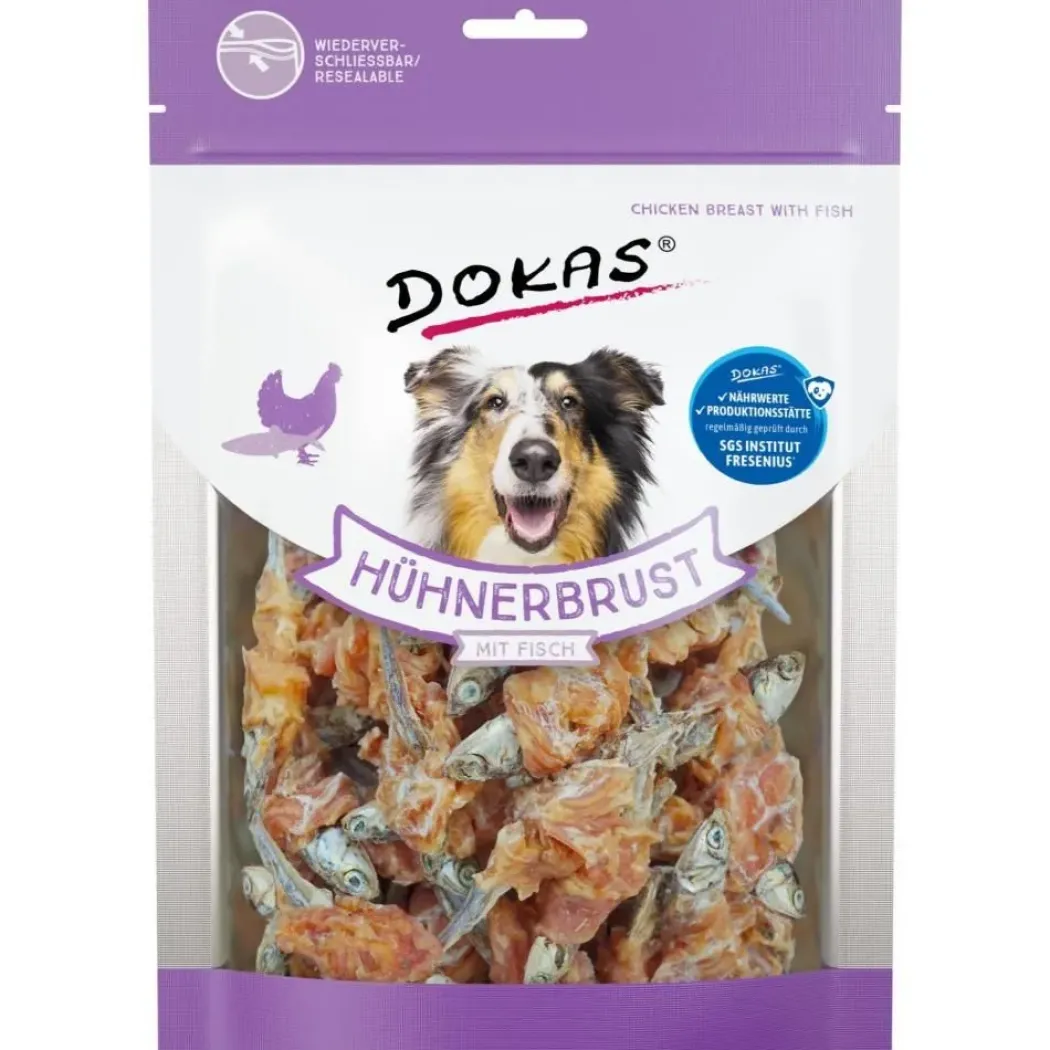 Dokas Tørret kyllingebryst med fisk 220 g - lækker hundesnack i stor pose