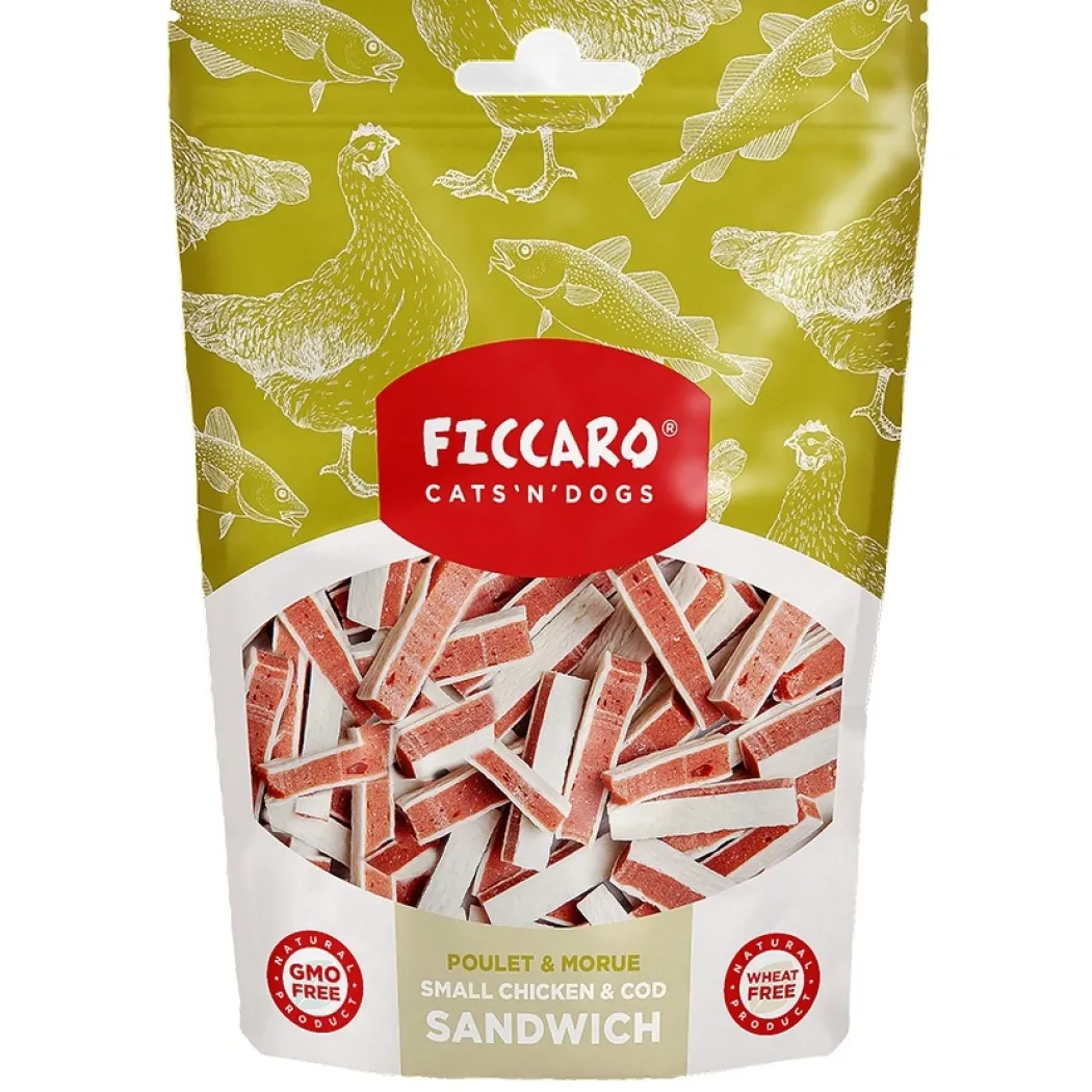 FICCARO Hundesnack Kylling & Torsk Sandwich Small - små sandwichstykker 100 g