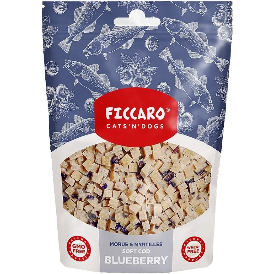 FICCARO Hundesnack Torsk & Blåbær Soft Cubes - bløde tern af torsk og blåbær 100 g