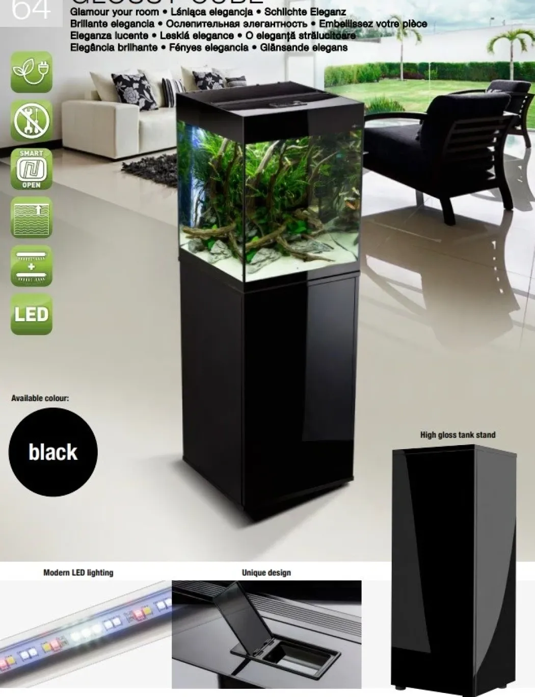 Glossy akvarie Cube 50x50x63 cm 132 L Sort