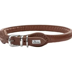Hunter rundsyet okselæder halsbånd brun 40 - justering 33-37 cm - skånsom komfort til mellemstore hunde