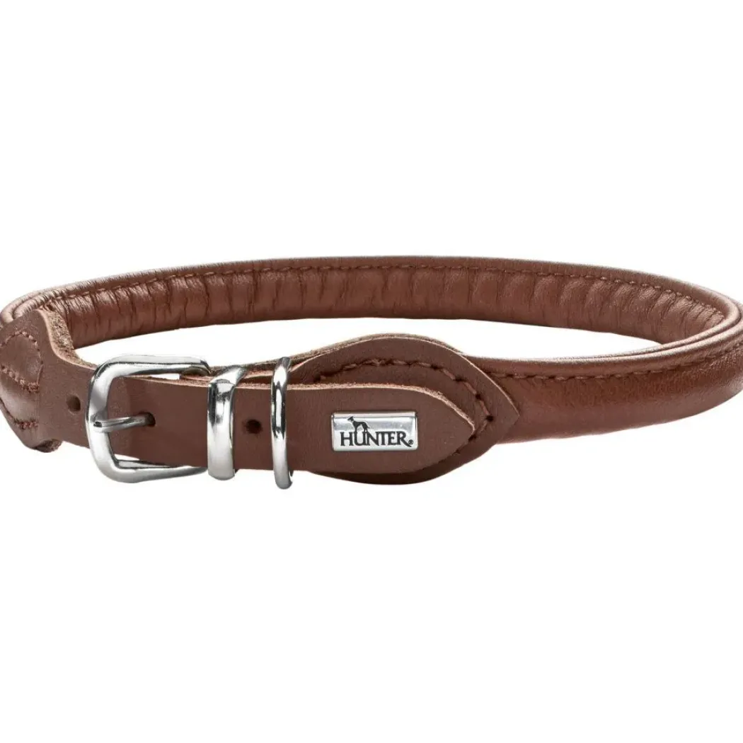 Hunter rundsyet okselæder halsbånd brun 45 cm - justering 38-42 cm skånsom komfort