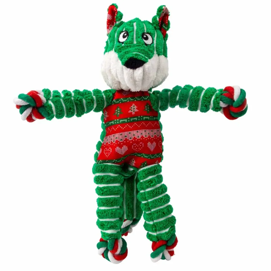 KONG Holiday Floppy Knots Fox S/M - et klassisk plys-hundelegetøj med reb og knuder, pivelyd og juletema.