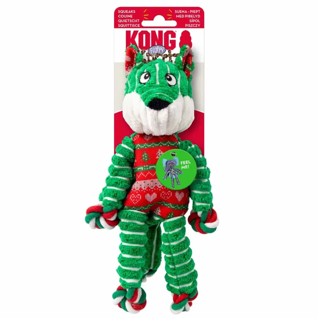 KONG Holiday Floppy Knots Fox S/M - et klassisk plys-hundelegetøj med reb og knuder, pivelyd og juletema.
