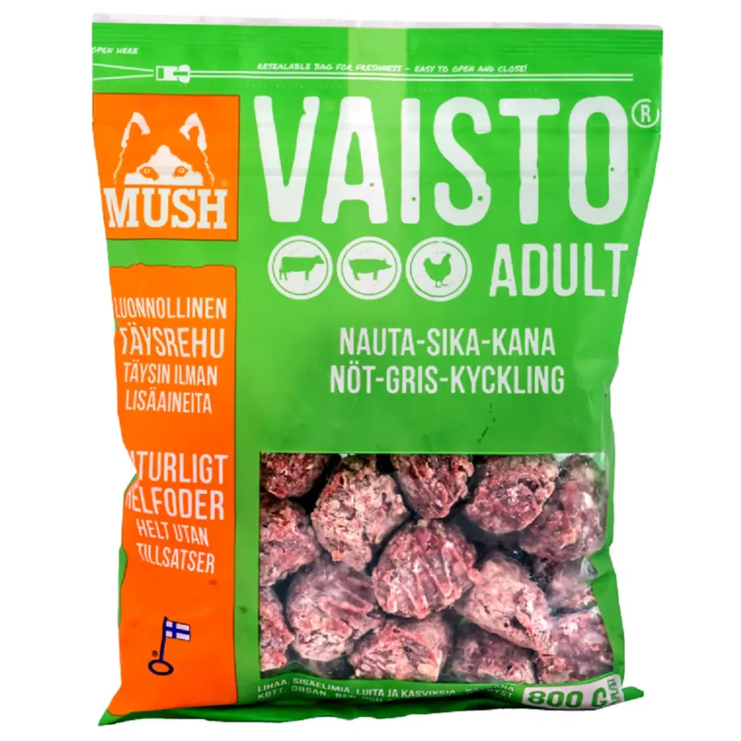 MUSH Vaisto Grøn Okse Gris Kylling 800 g - Naturligt hundefoder med kød og grønt