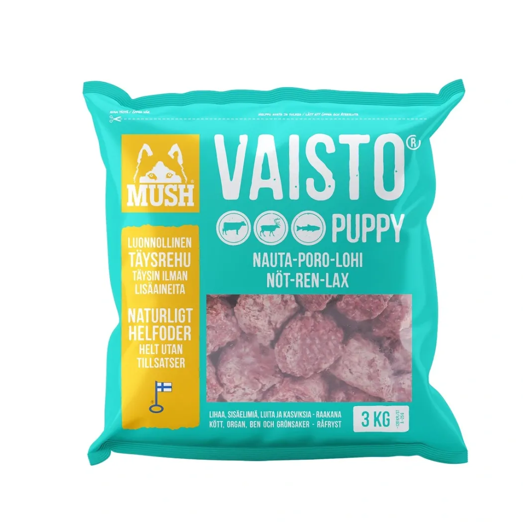 MUSH Vaisto Puppy isblå okse rensdyr laks 3 kg fuldfoder til hvalpe