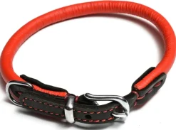 Timely halsbånd i rundsyet læder rødsort 35 cm - blød komfort til små og mellemstore hunde