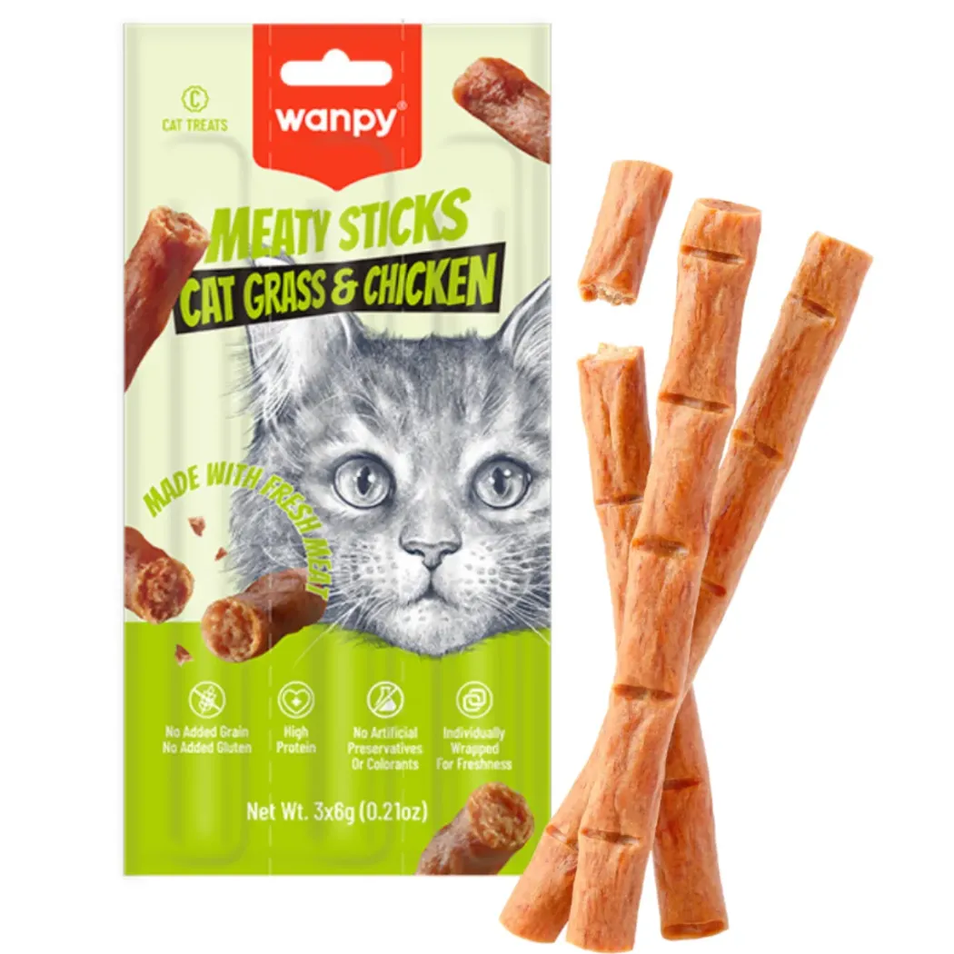 Wanpy Kat Meaty Sticks med Kattegræs og Kylling 3 x 6 g