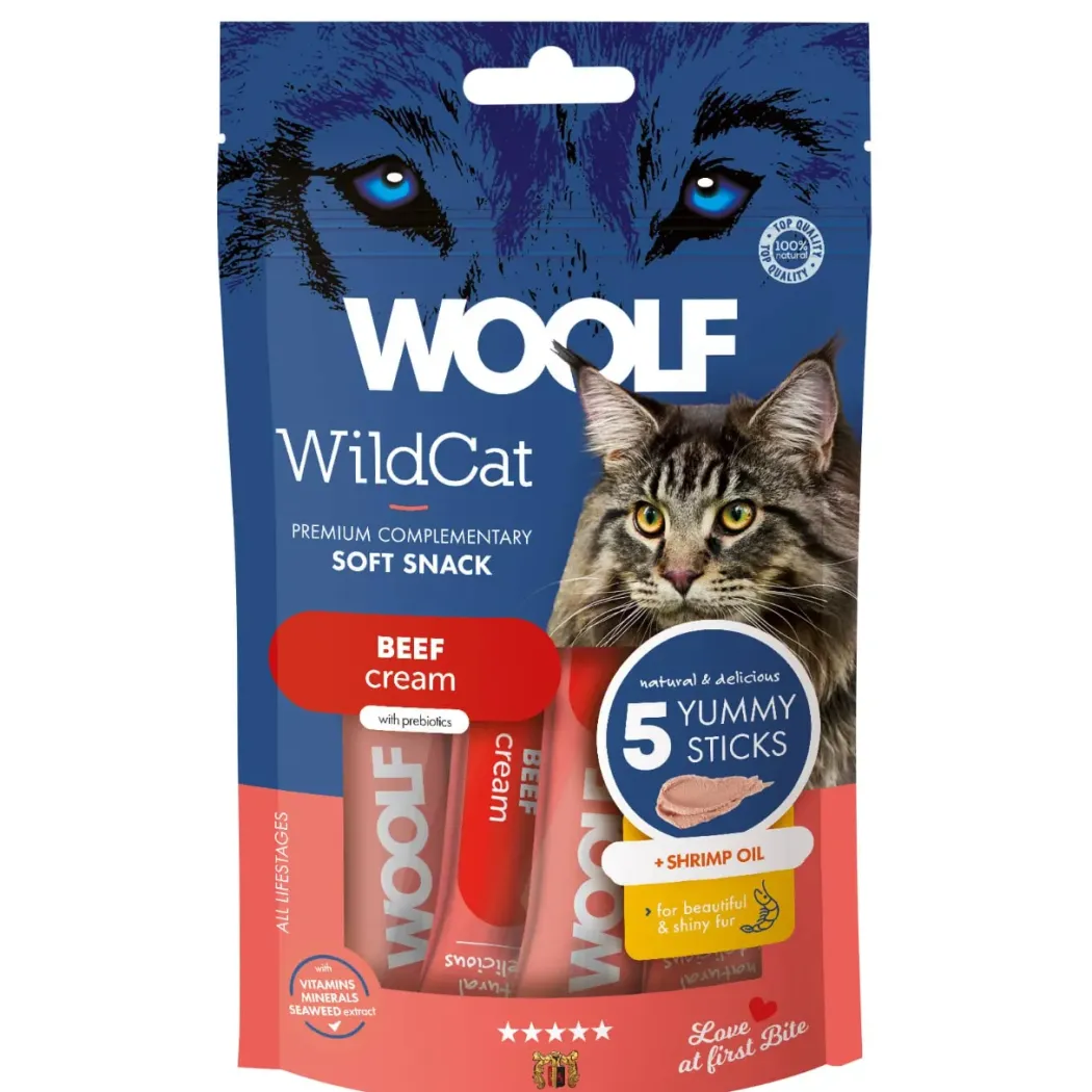 Woolf Wildcat Cream 5 stk - Lækker cremet snack med oksekød og rejeolie til katte